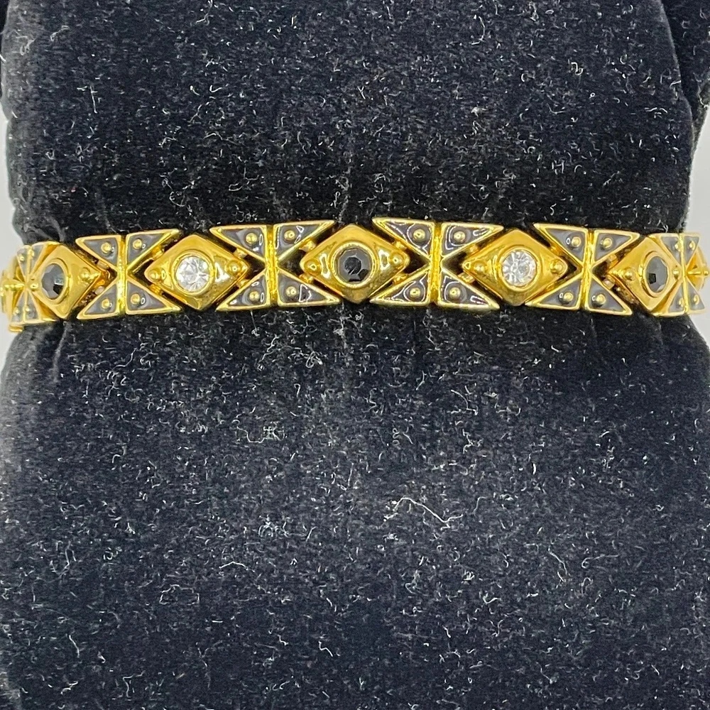 Joan Rivers Signed Vintage Gold Tone Crystal Enamel Link Bracelet 7 1/4